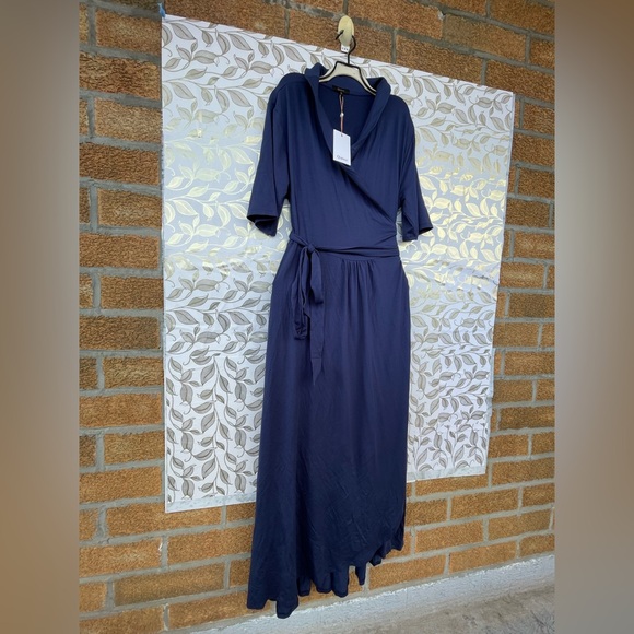 Quince Blue Tencel Lyocell Wrap Maxi Dress XL | Minimalist Quiet Luxury NWT - Picture 4 of 13